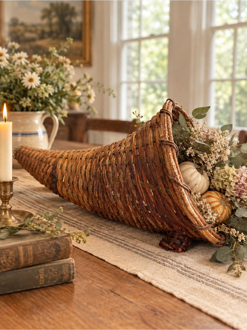 Vintage Rustic Brown Woven Cornucopia Table Accent